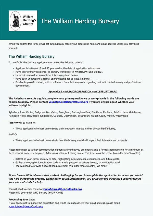 The William Harding Bursary Form